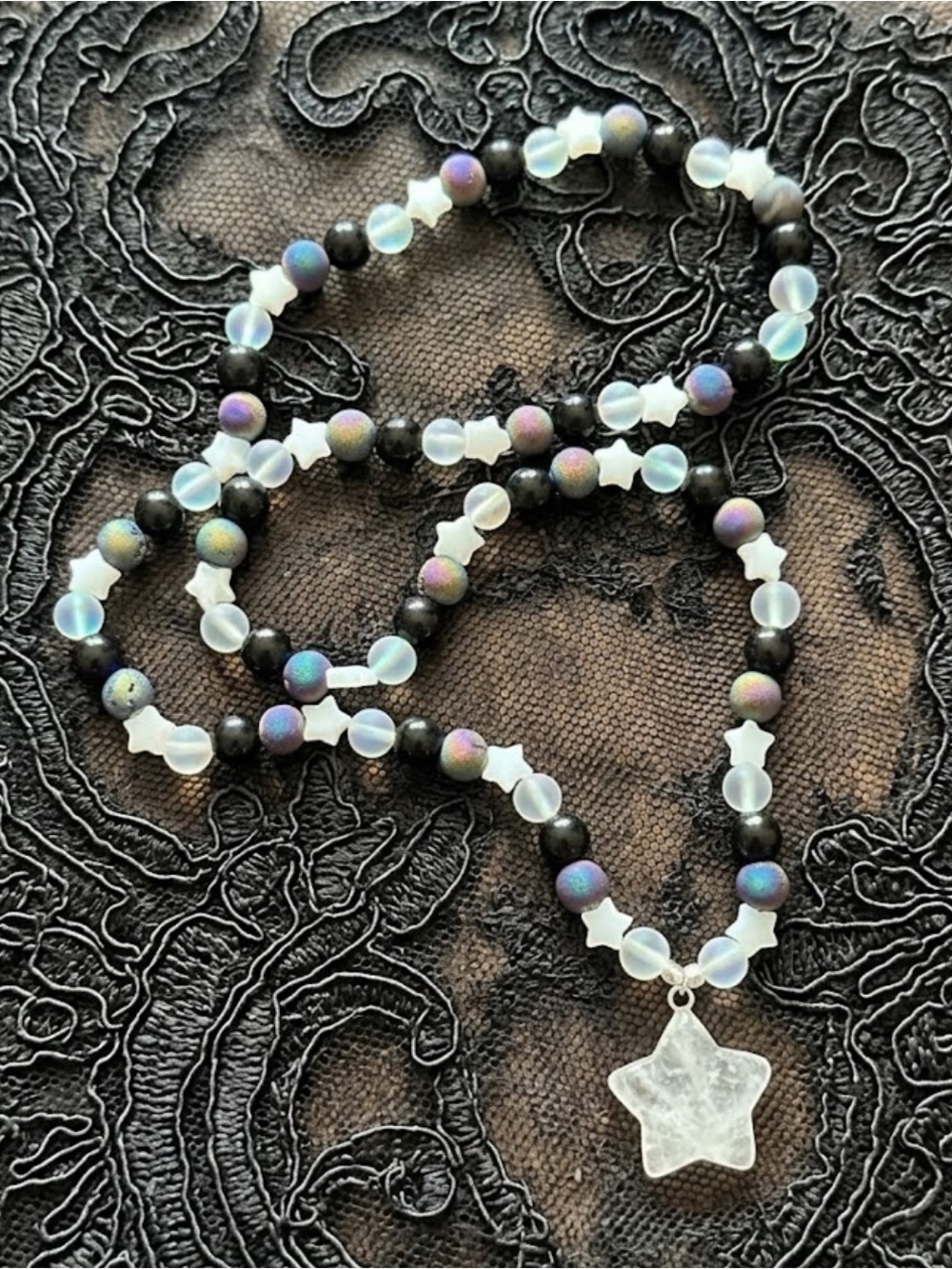 Rainbow DreamMare Necklace (Rainbow Druzy Agate, Black Obsidian, MOP, Quartz) - Picture 2 of 3